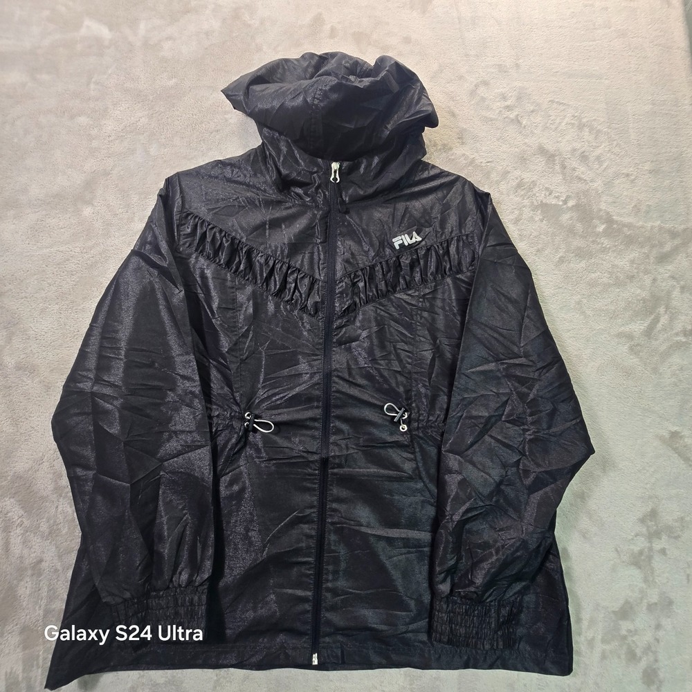 Fila Sport Windbreaker Jacket Womens XL Black Hooded Cinch Waist Hiking Outdoor